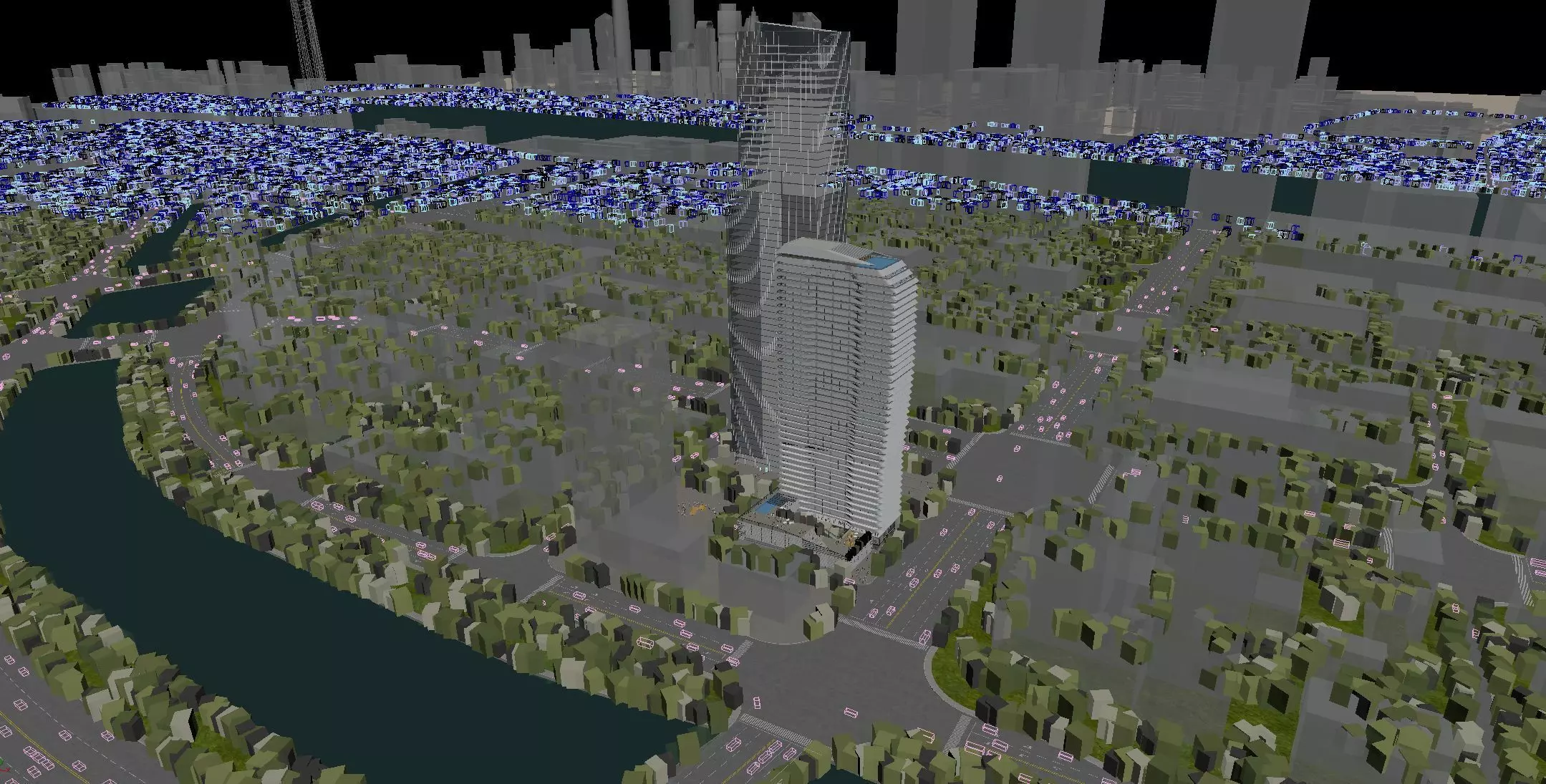 Modern Riverside Business District Cityscape with Central Tower 3D model_2
