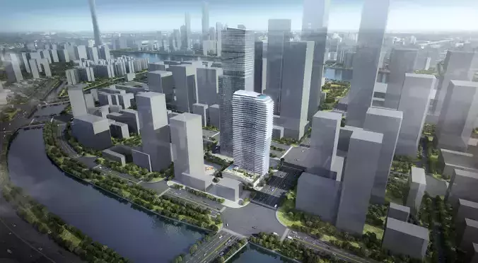 Modern Riverside Business District Cityscape with Central Tower