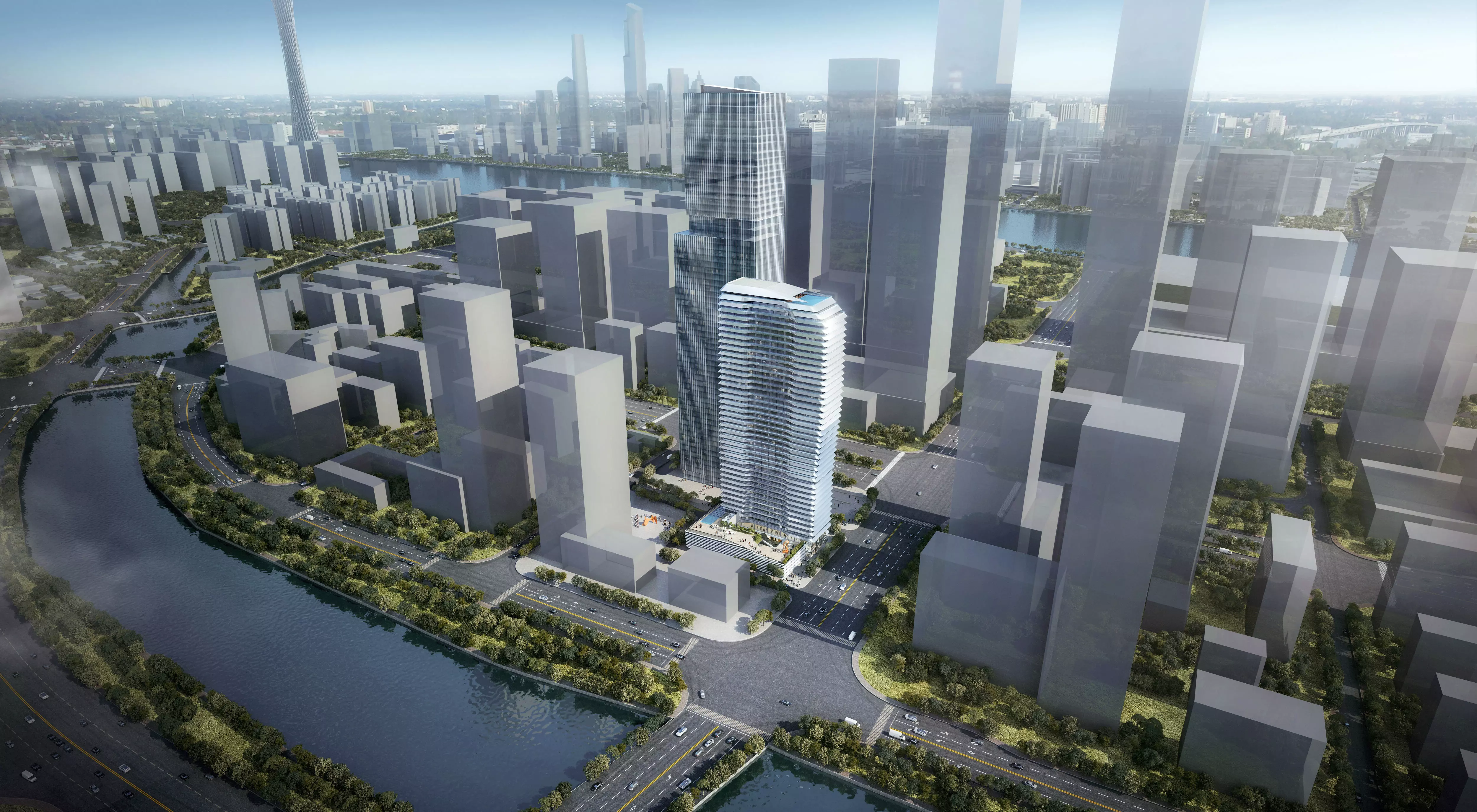 Modern Riverside Business District Cityscape with Central Tower 3D model_0