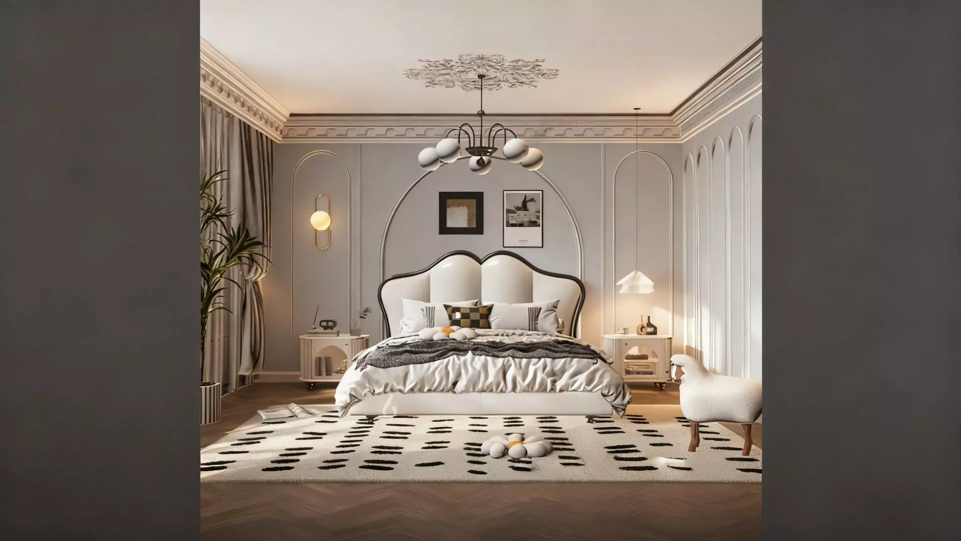 French Cream Style Bedroom Low-poly 3D model_1