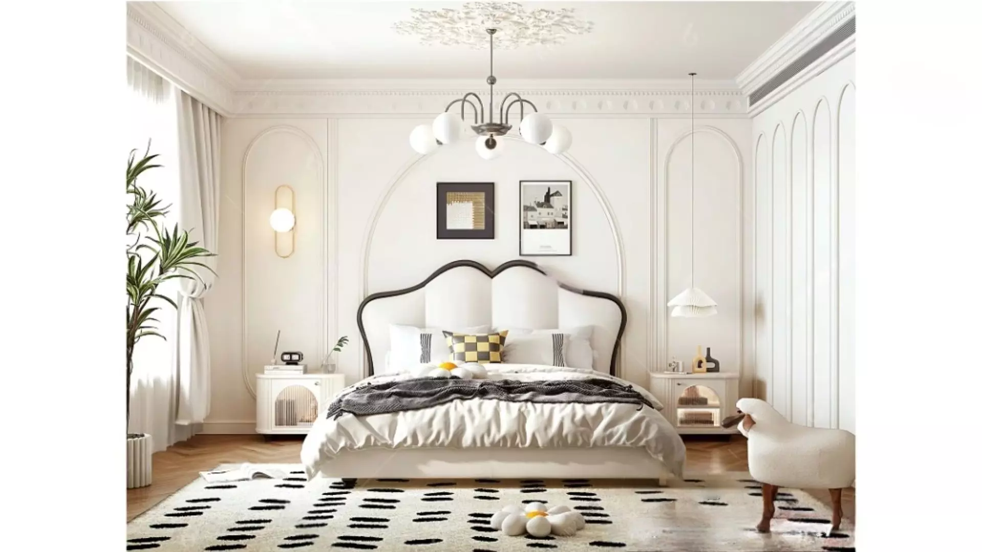 French Cream Style Bedroom Low-poly 3D model_0