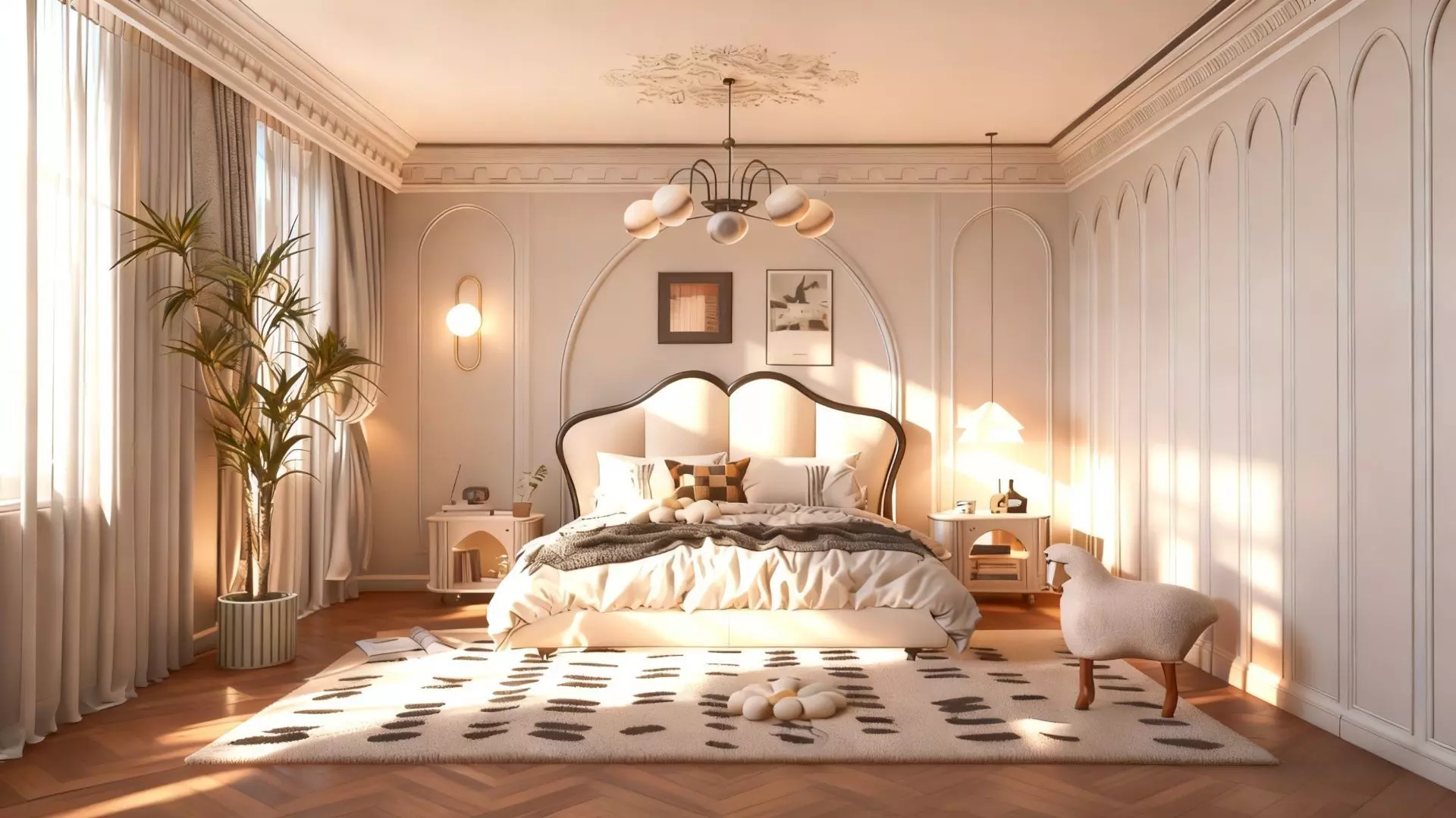 French Cream Style Bedroom Low-poly 3D model_3