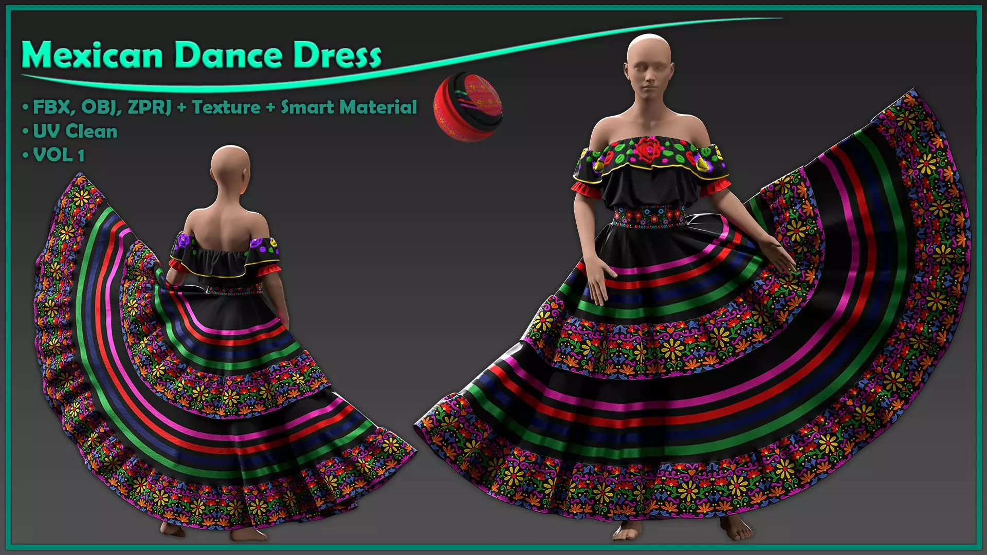 Mexican Dance dress with texture and smart material 3D model