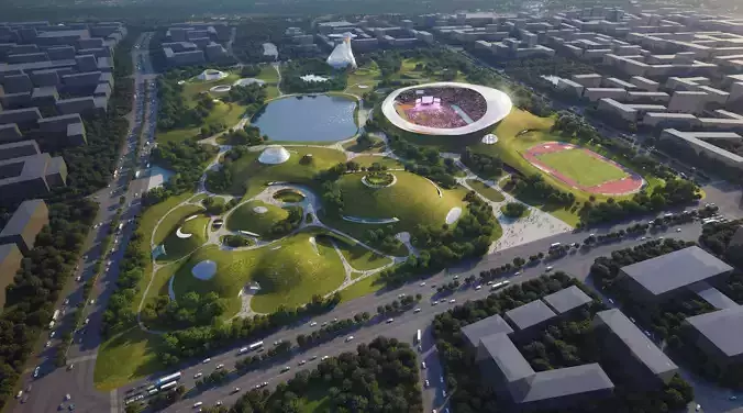 Futuristic Sports Park with Green Hills and Open Stadium