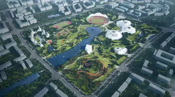 Large Urban Sports Park Masterplan with River and Domes