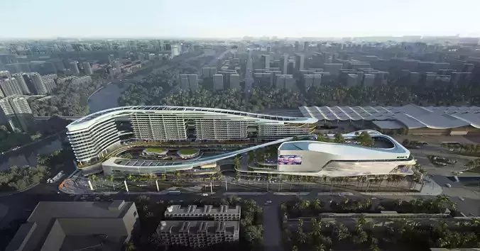 Futuristic Riverside Resort and Mall Complex Cityscape
