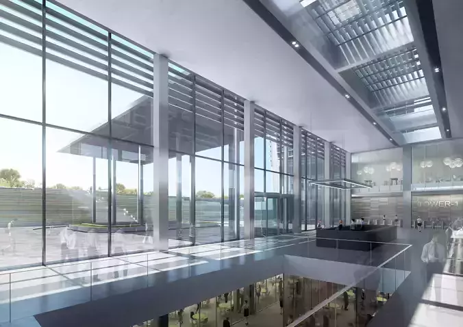 Modern Office Lobby Atrium with Glass Facade