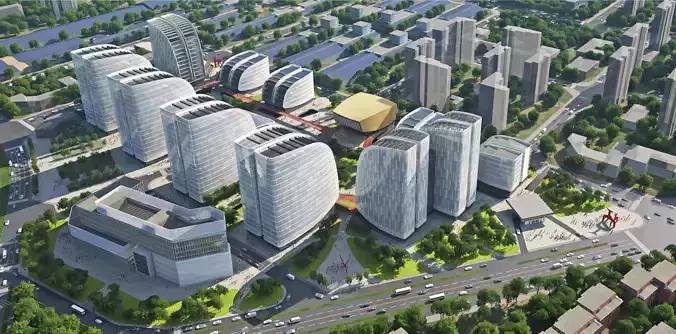 Modern Office Campus with Glass Towers and Central Plaza