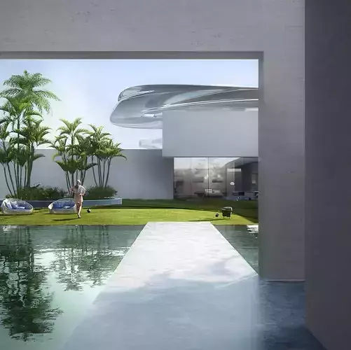 Futuristic Courtyard Villa with Pool and Lawn