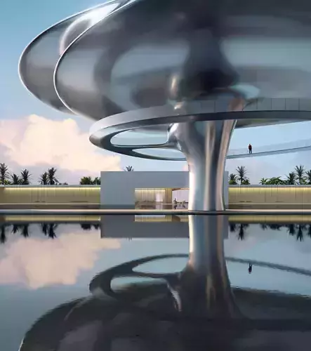 Futuristic Landmark Pavilion with Sculptural Metal Canopy
