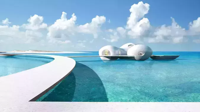 Futuristic Island Resort Masterplan with Water Villas