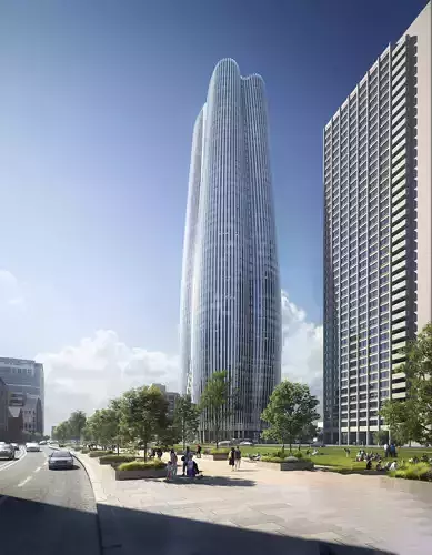 Modern Glass Skyscraper Landmark with City Park