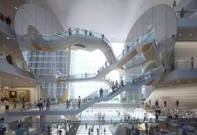 Modern Public Library Atrium with Sculptural Stairs