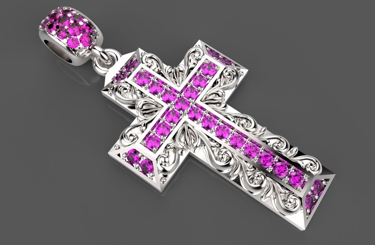 Necklace cross pendant with crystals 3D print model_3