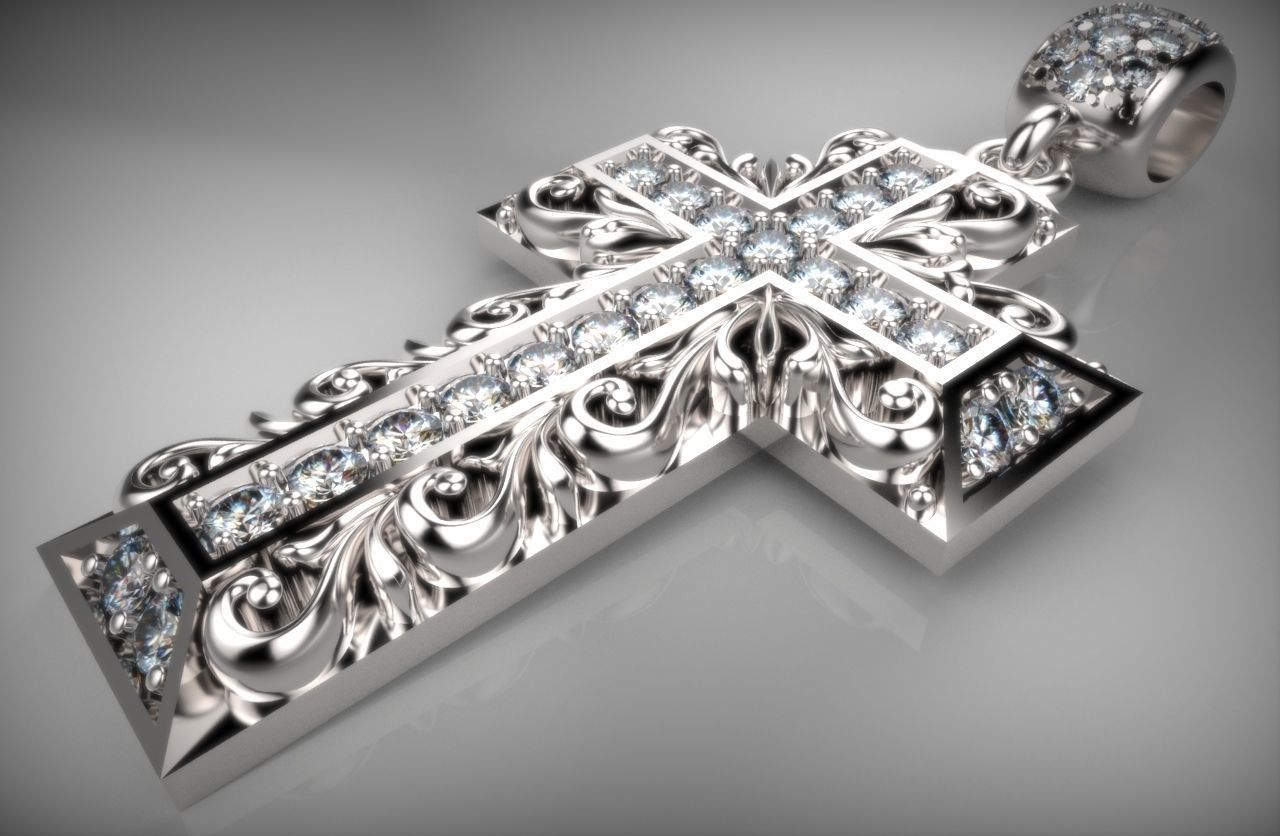 Necklace cross pendant with crystals 3D print model_1