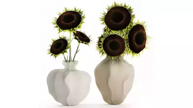 Realistic bouquet green black sunflower flowers vase decor