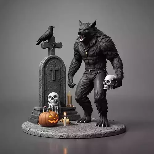 2859  COLOR  Werewolf Howling   with Skull   3D Model