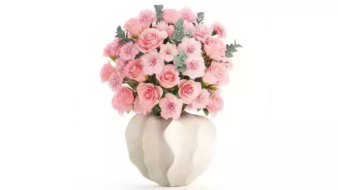Realistic bouquet pink flowers carnation rose vase decor