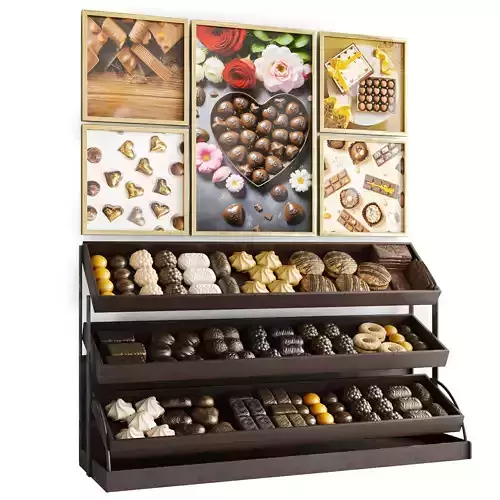 A shelf in a candy store Chocolate and cookies