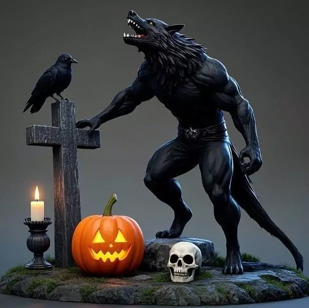 2860 COLOR Werewolf Howling with Skull 3D Model 3D print model_7