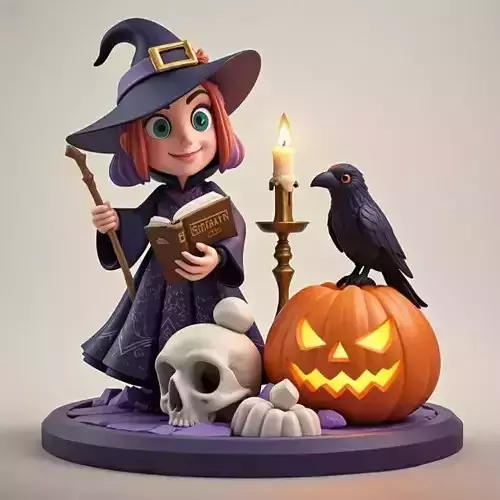 2861  Witch with Spell book  Skull   Raven and Pumpkin