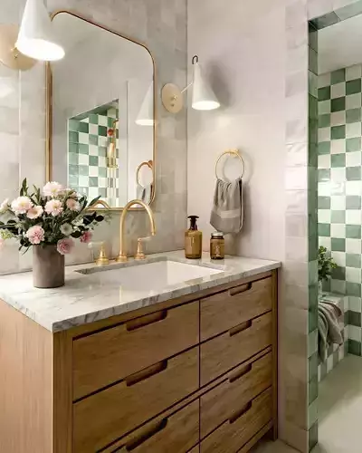 Scandinavian Modern Bathroom Green Tiles and Wood Vanity