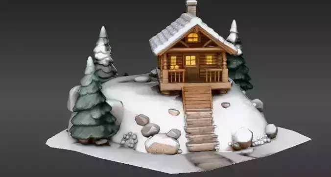 Winter Snow House 3D Model Cozy Christmas 3D Scene