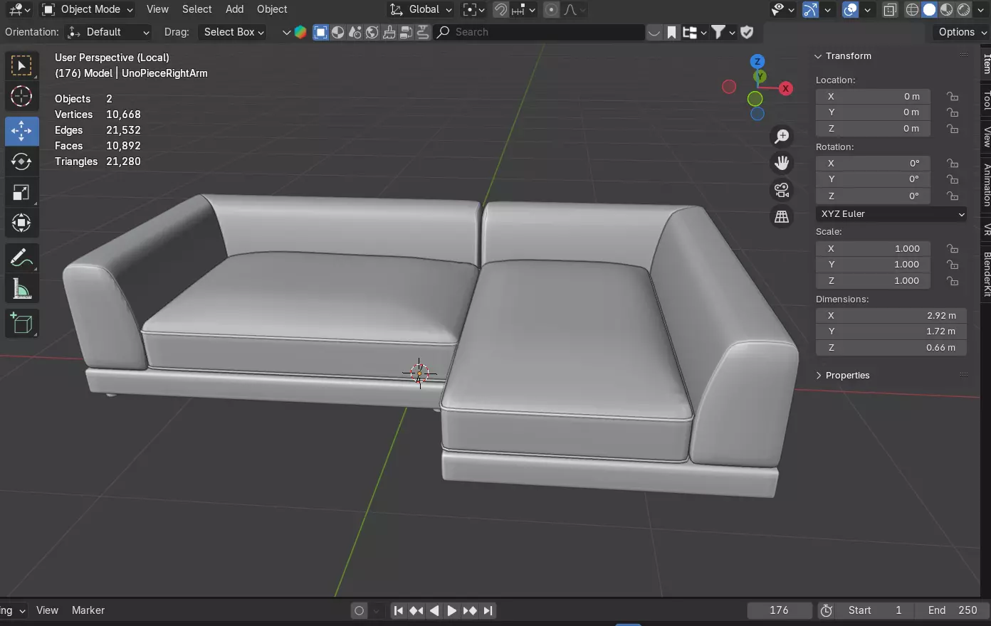 Uno 2-Piece Right Arm Sapphire Striped Sectional Sofa 3D model_7