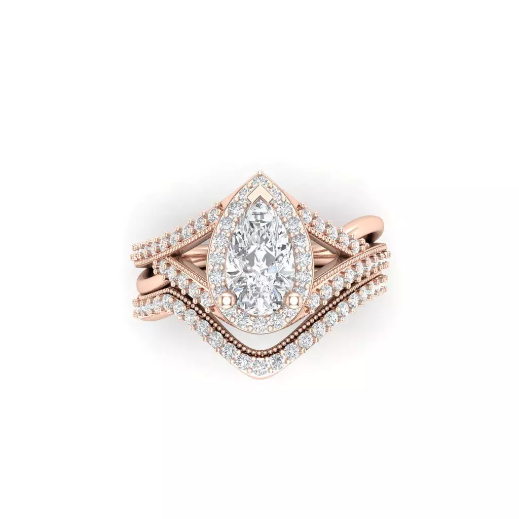 Pear Diamond Curved Engagement Ring SET 3DM 3D print model_0