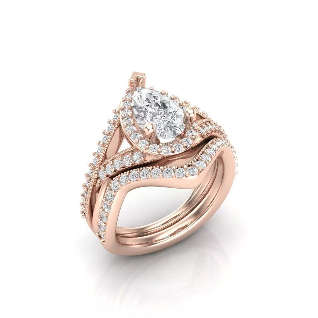 Pear Diamond Curved Engagement Ring SET 3DM 3D print model_2