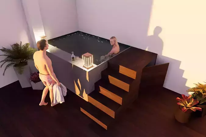 Modern Small Pool with Wooden Deck and Stairs