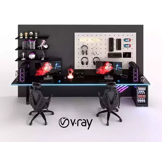 Modern Dual Gaming Setup RGB and Accessories 3D Model - V-Ray