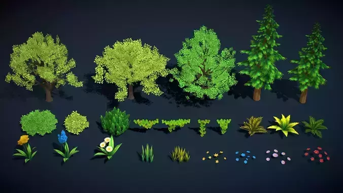 Stylized Cartoon Nature Pack Trees Bush Flowers grass And Plants
