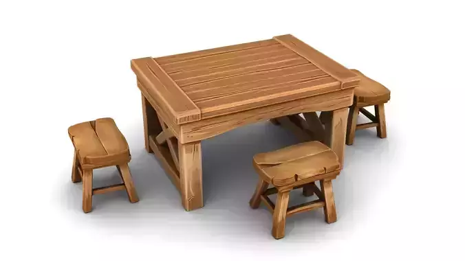 Stylized Wooden Table and Stool Set