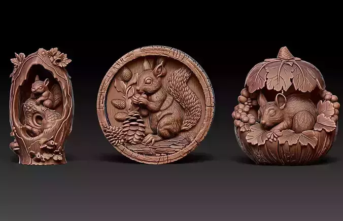 Wood Carving Squirrel Statue M78