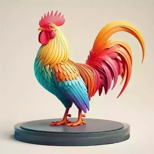 2866  Multicolored Rooster  on Base   Color  3D Model