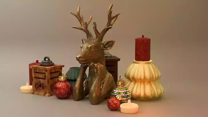 Christmas Decoration Reindeer Bust Lanterns Baubles and Candle 