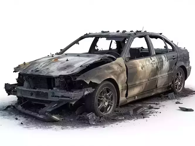 Burned Out Sedan 3D Model Urban Wreckage Prop