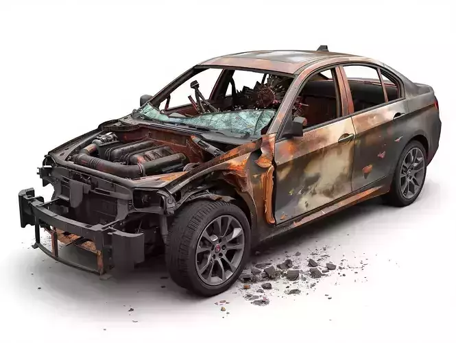 Scorched Luxury Sedan 3D Model Urban Wreckage Prop