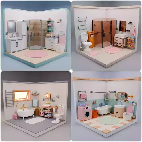 Stylized Isometric Bathroom Pack  4 Rooms