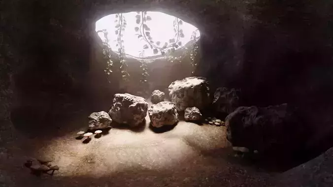 Cave V5 - Chamber with Vegetation and Stone Rocks Formations 