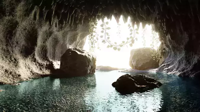 -Cave V9 with Water and Vegetation  and Rocks-