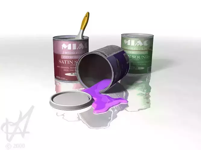 multiple paint cans and spilled paint 3D model