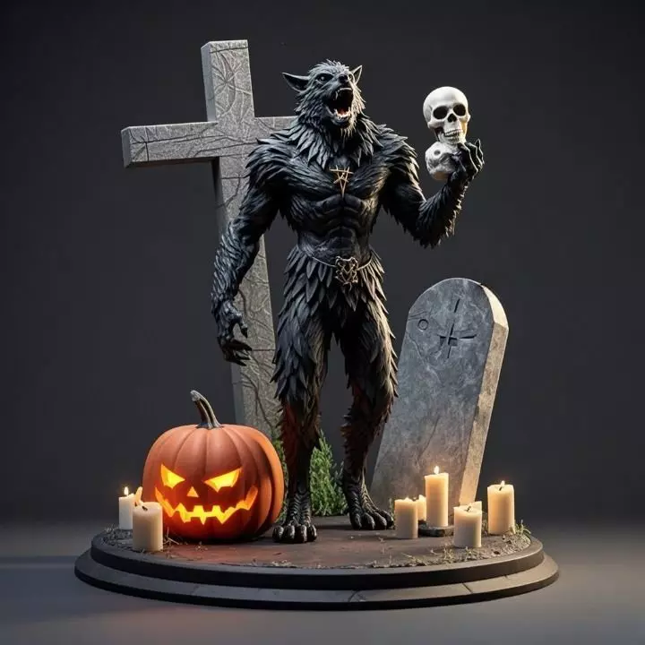 2867 COLOR Werewolf Howling with Skull 3D Model 3D print model
