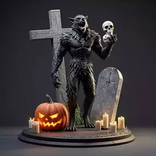 2867  COLOR Werewolf Howling   with Skull  3D Model