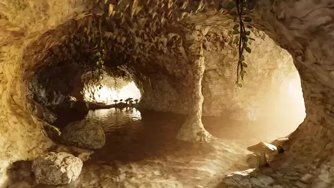 Cave V11 - Complex Cave Environment with Water and Vegetation