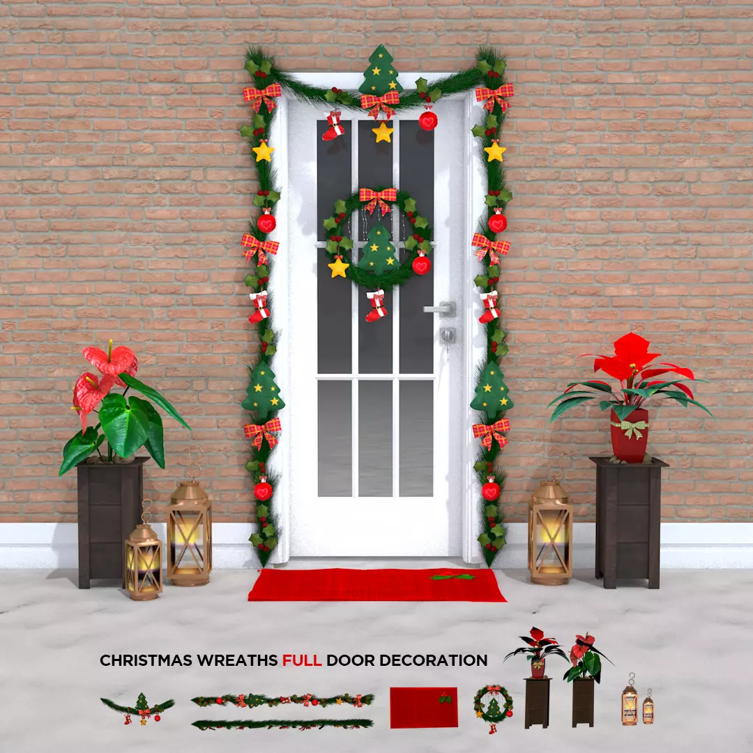 Christmas Wreaths Full Door Decoration 3D Model 3D model_2