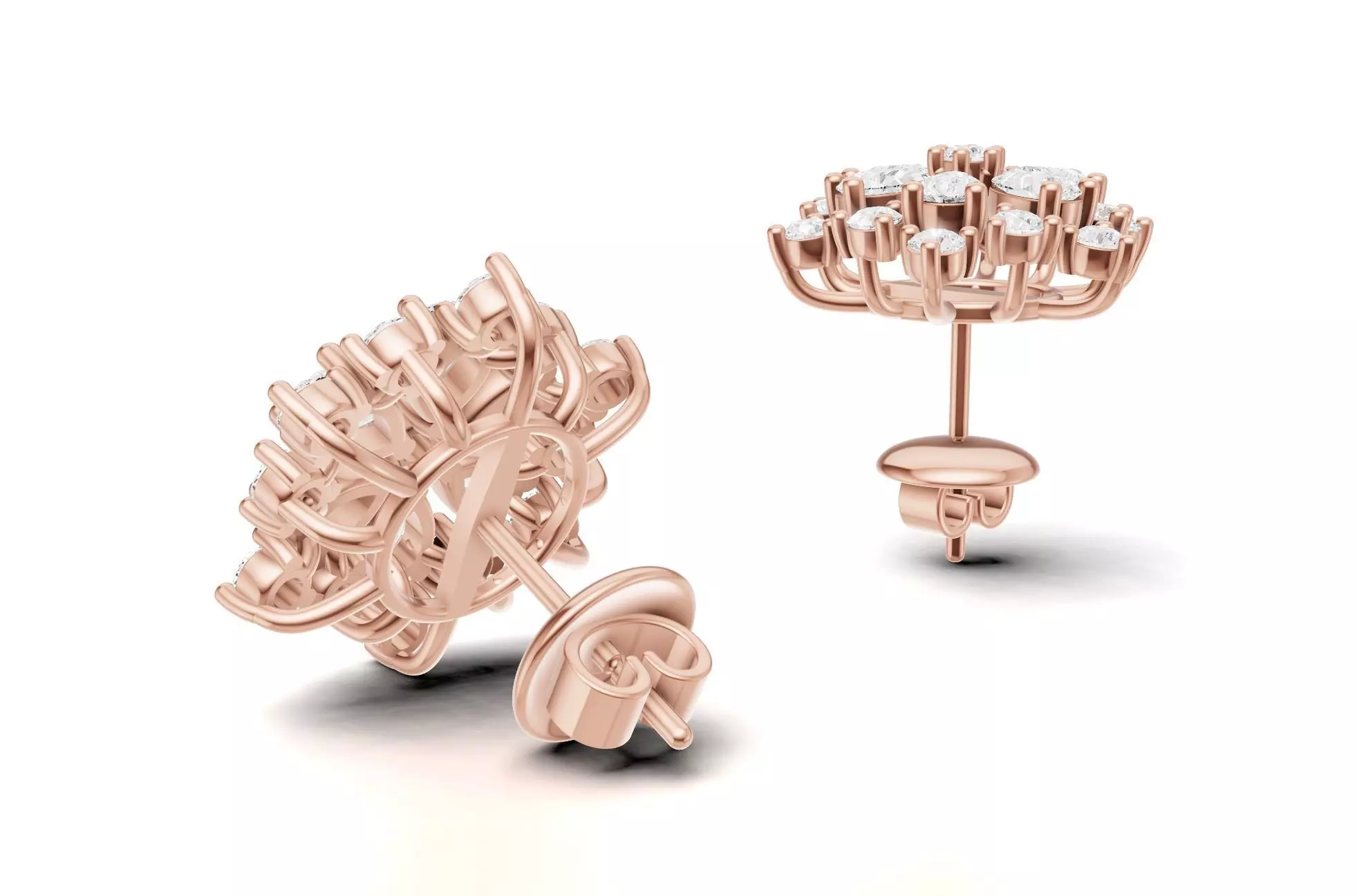 Floral Diamond Stud Earrings with Pear Round Cluster 3D print model_11