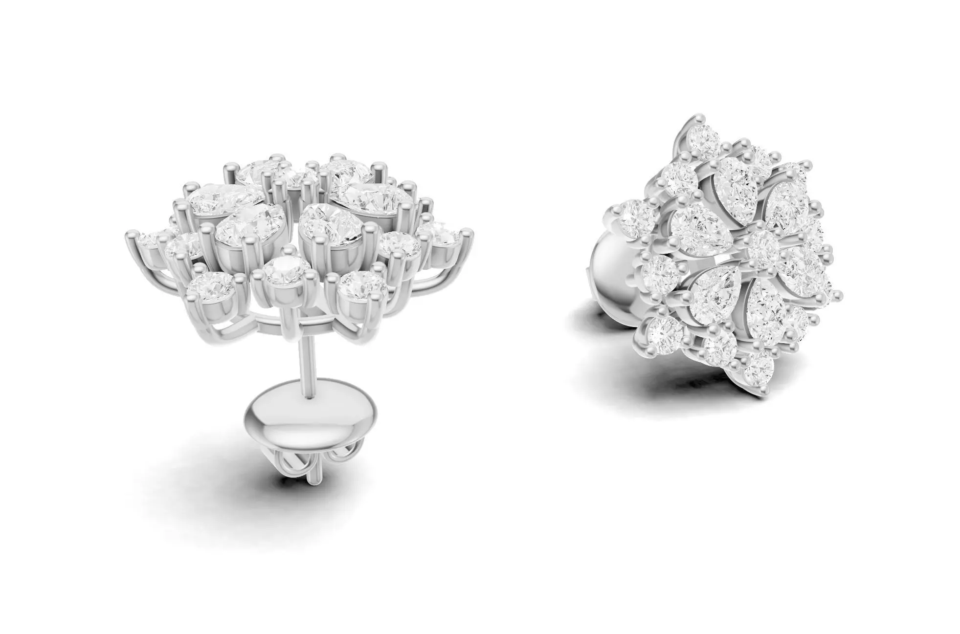 Floral Diamond Stud Earrings with Pear Round Cluster 3D print model_6