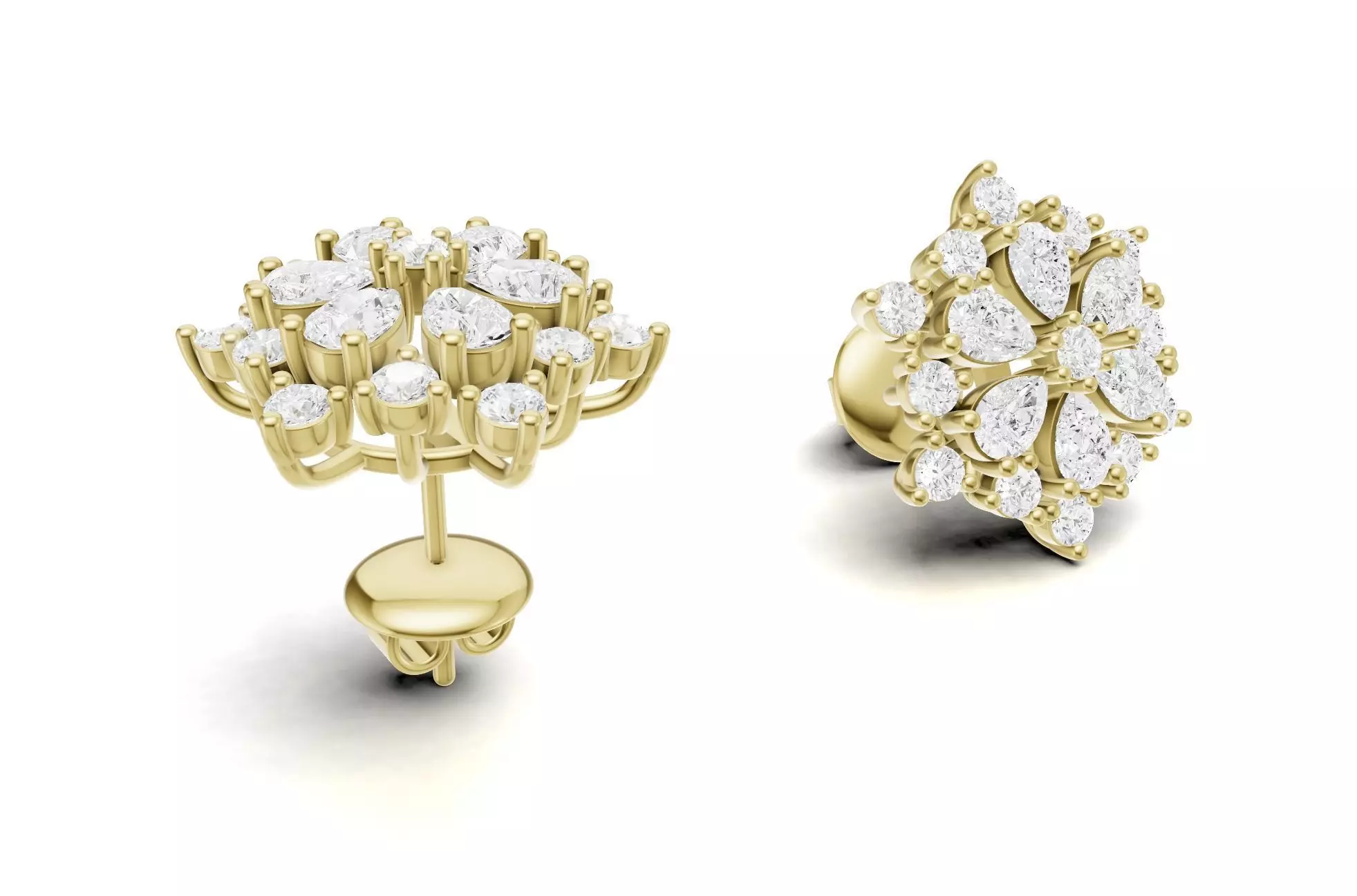 Floral Diamond Stud Earrings with Pear Round Cluster 3D print model_4